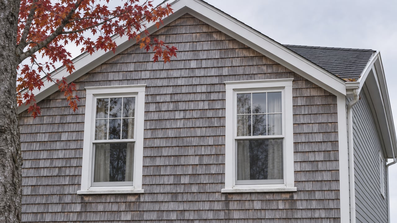 Weathered cedar-shingle gable with two white sash windows and copper-red maple leaves under a pale autumn sky.