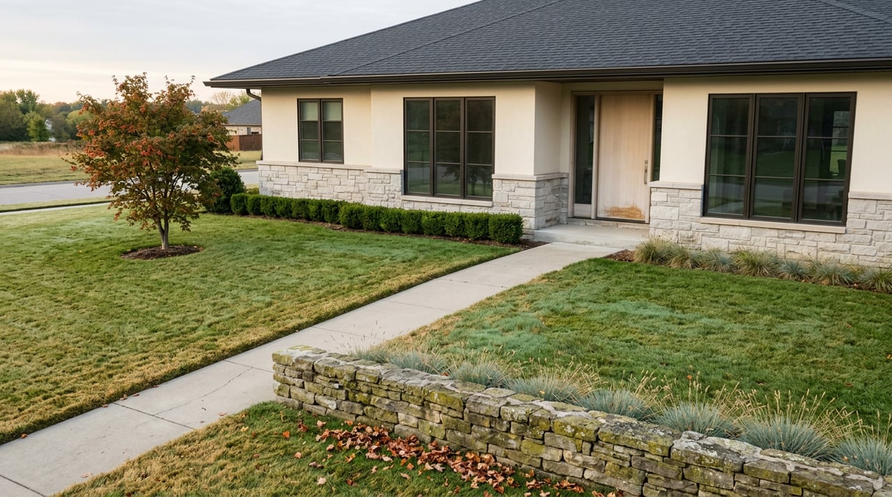 Contemporary stucco-and-stone home behind a broad lawn, with a diagonal stone walkway, low garden wall, and red-orange maple seeds.