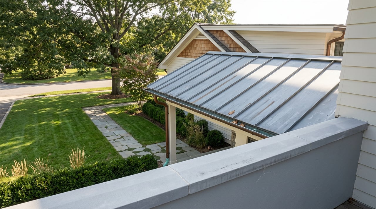 Standing-seam metal roof above a bluestone walkway and deep lawn, framed by a gray balcony parapet and mature oak.