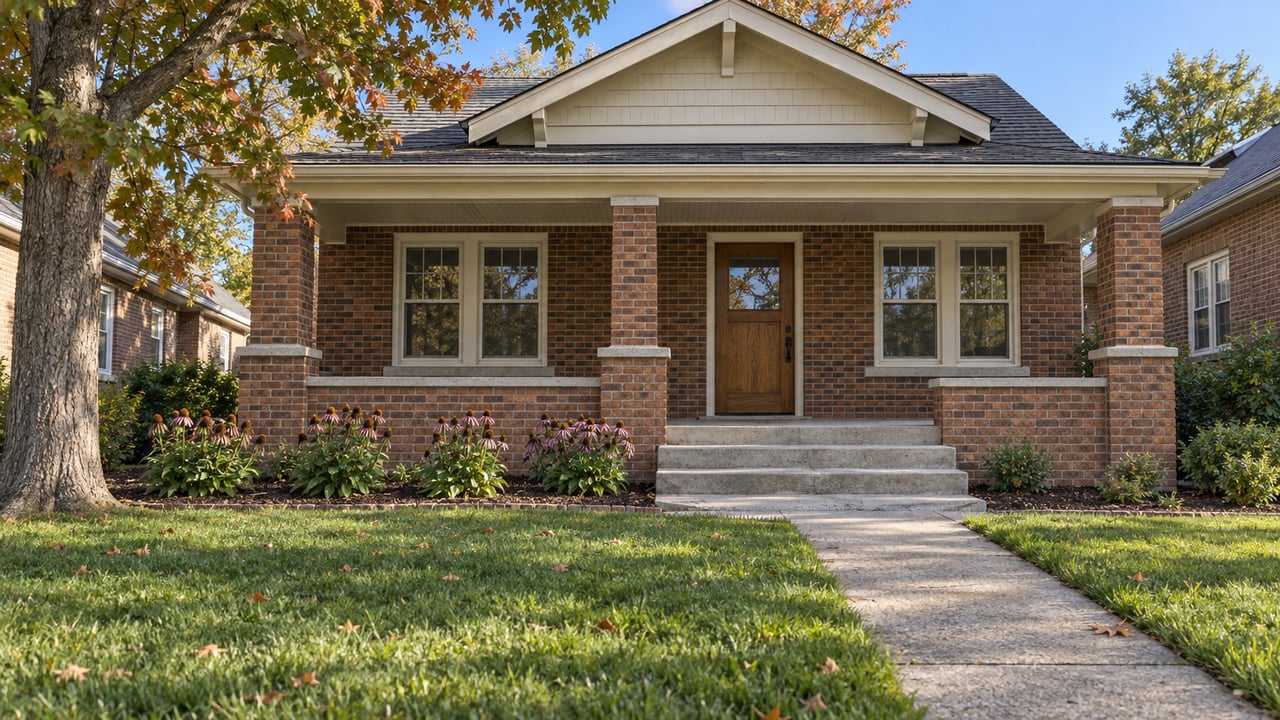 Morning sunlight on a brick bungalow with a covered porch, autumn oak and a concrete walk through a deep front lawn.