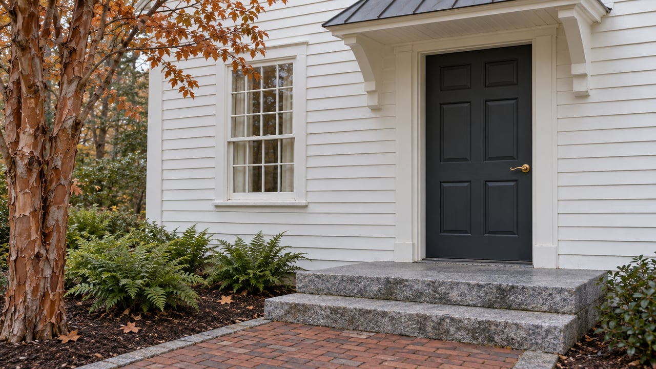 Painted clapboard entrance with a charcoal paneled door, granite steps and brick approach beside a paperbark maple.