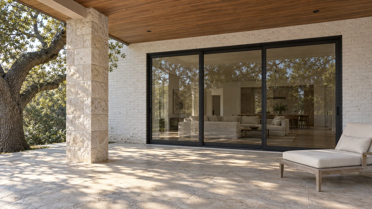 Covered limestone patio with a cedar ceiling, white-painted brick, black-framed glass doors and a weathered teak lounge chair beside a mature live oak.
