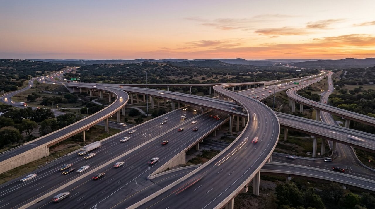 Highway flyover ramps at dawn on the north Austin corridor that links Leander, Cedar Park, Round Rock, Pflugerville and Hutto