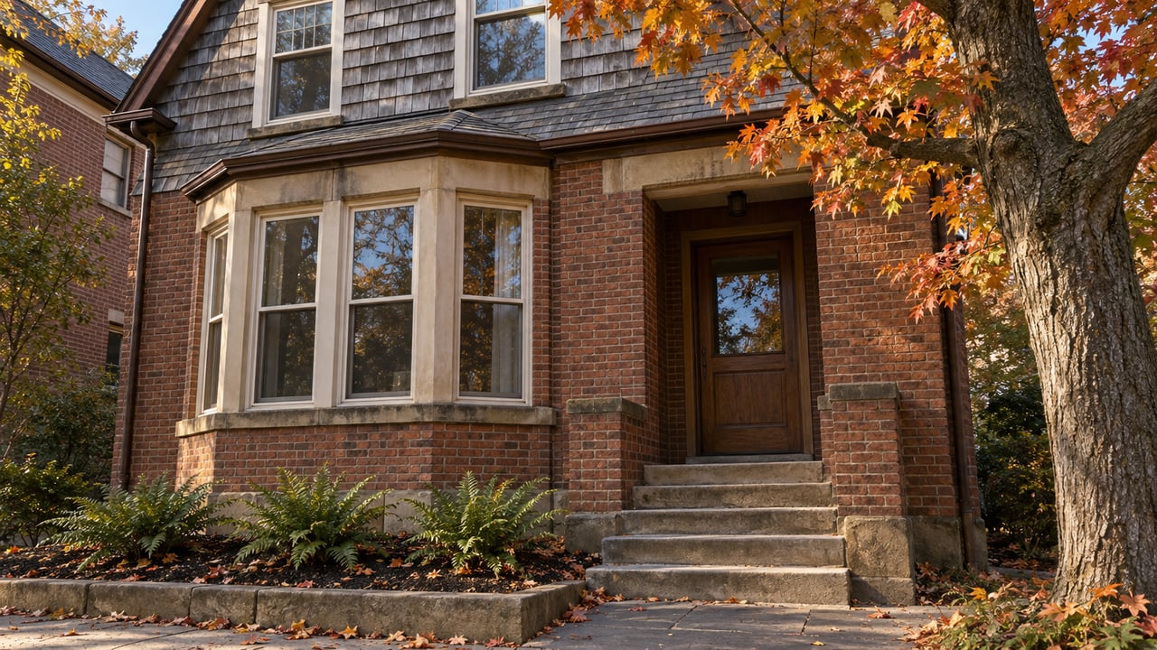 Autumn light on a brick home's bay windows, weathered shingle gable and sandstone stoop beside an amber-leaved maple.