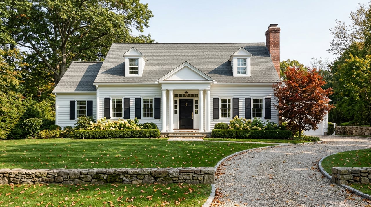 Colonial-Georgian house with a columned portico, red-orange maple, broad lawn, and stone-walled gravel drive.