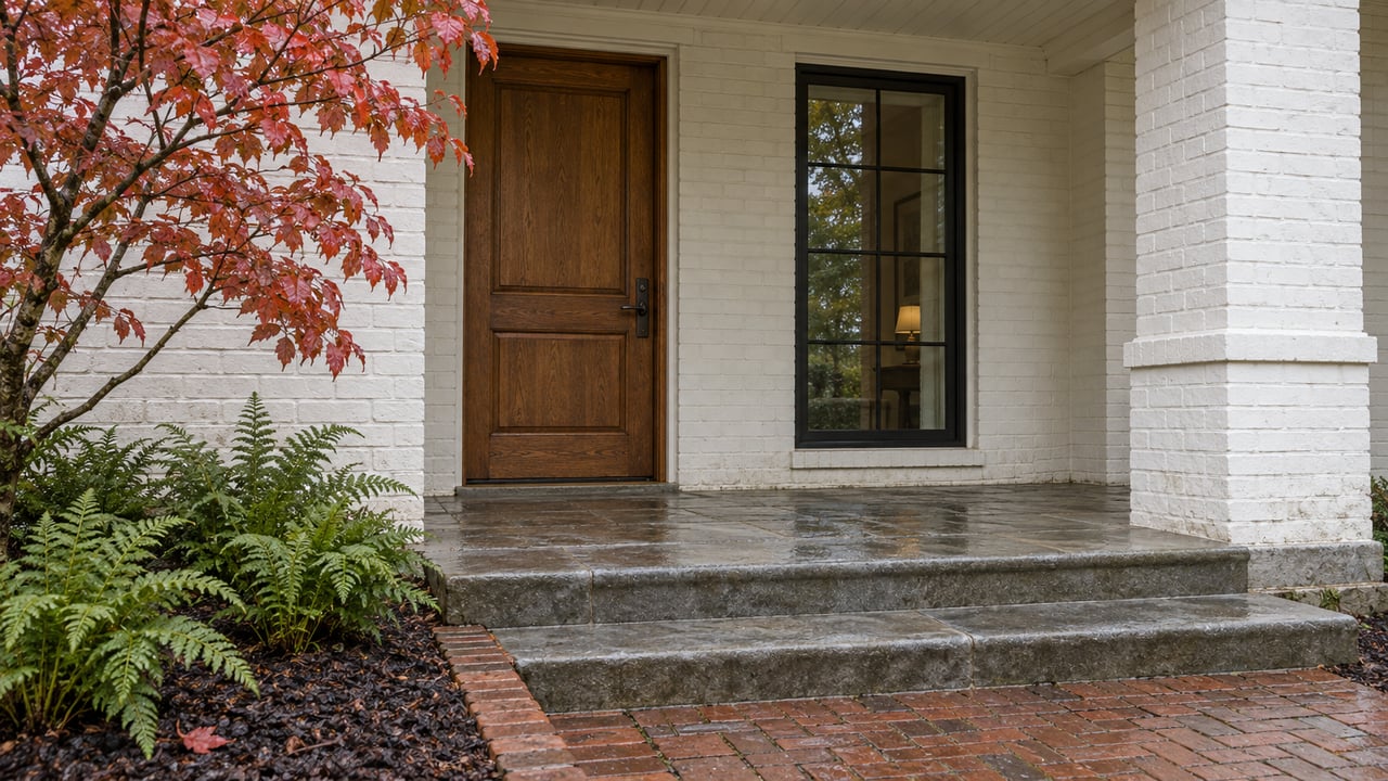 White-painted brick porch with an oak entry door, black-framed window, limestone steps and autumn dogwood foliage.