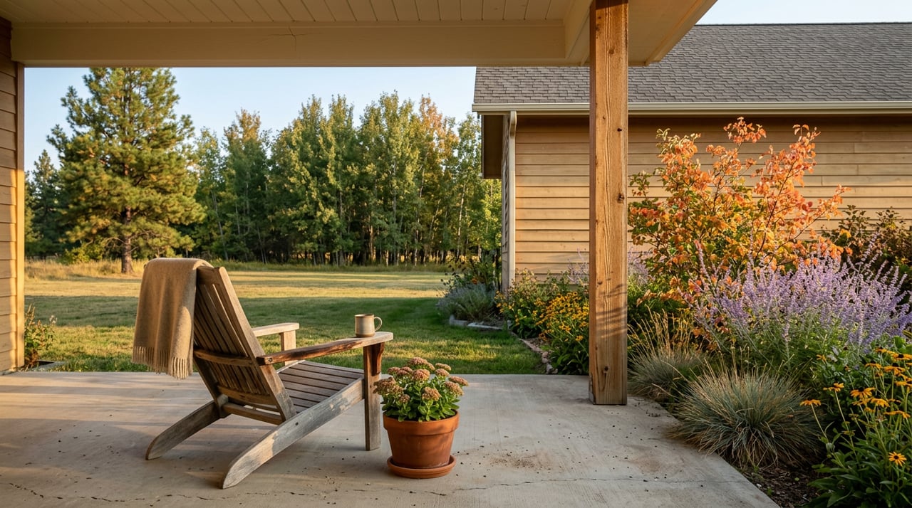 Weathered teak lounge chair with an oatmeal throw and mug on a covered patio, facing an autumn garden and tree-lined yard.