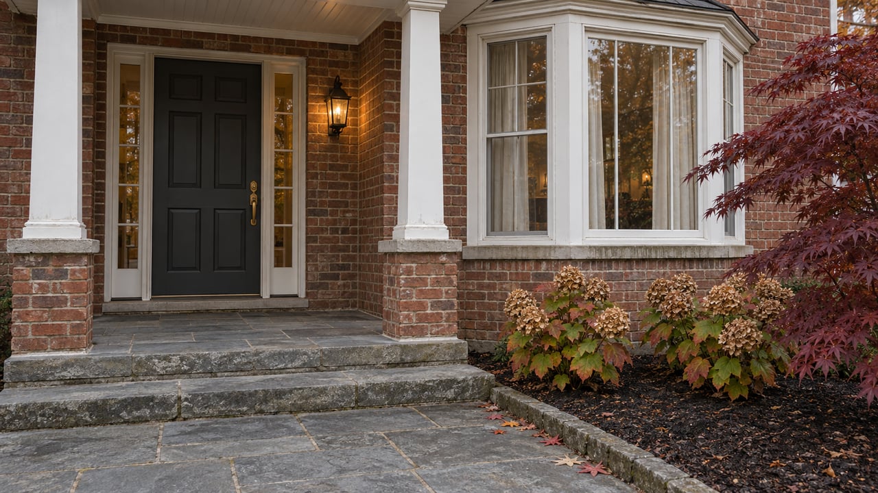 Brick home entry with white porch trim, a glazed bay window, worn stone steps and russet autumn planting.