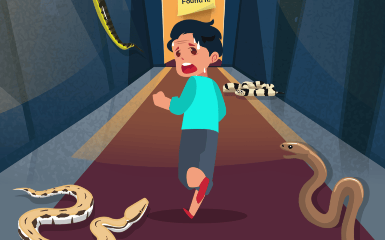 Frightened homeowner runs from snakes in a hallway beneath a “Found it” sign.