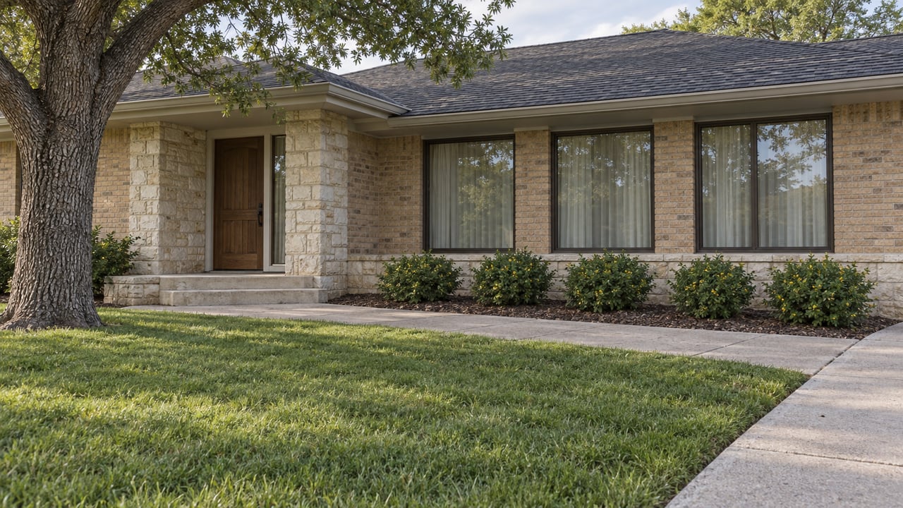 Low-slung brick home with limestone entry surround, bronze-framed windows, broad concrete approach and mature oak beside a deep lawn.