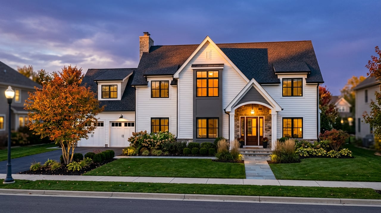 Two-story white home with a stone entry, glowing black-framed windows, autumn serviceberry, and broad front lawn at dusk.