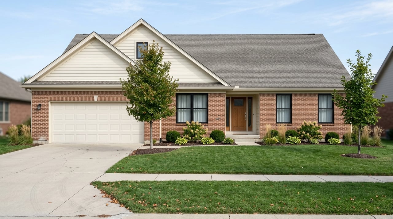 Updated suburban home with a front-facing garage and walkway