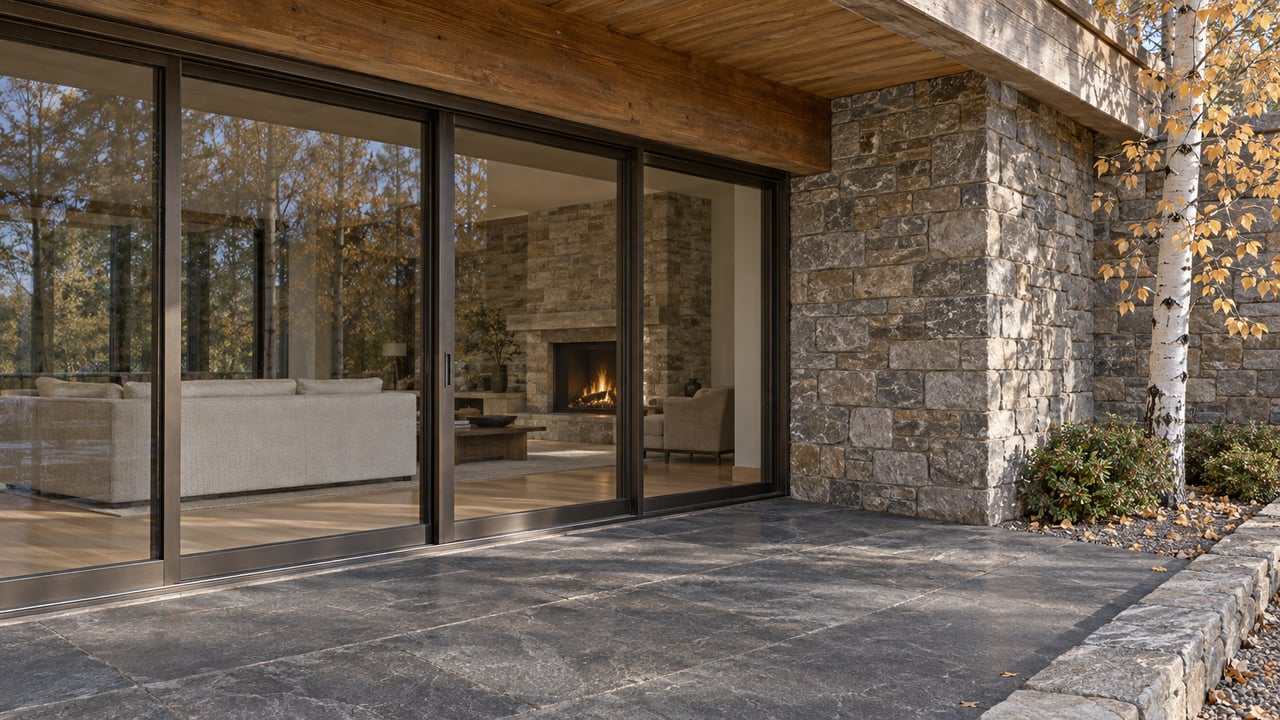 Timber-covered stone terrace beside bronze-framed living-room glazing, with a stone pier and a sparse golden-leaved aspen.