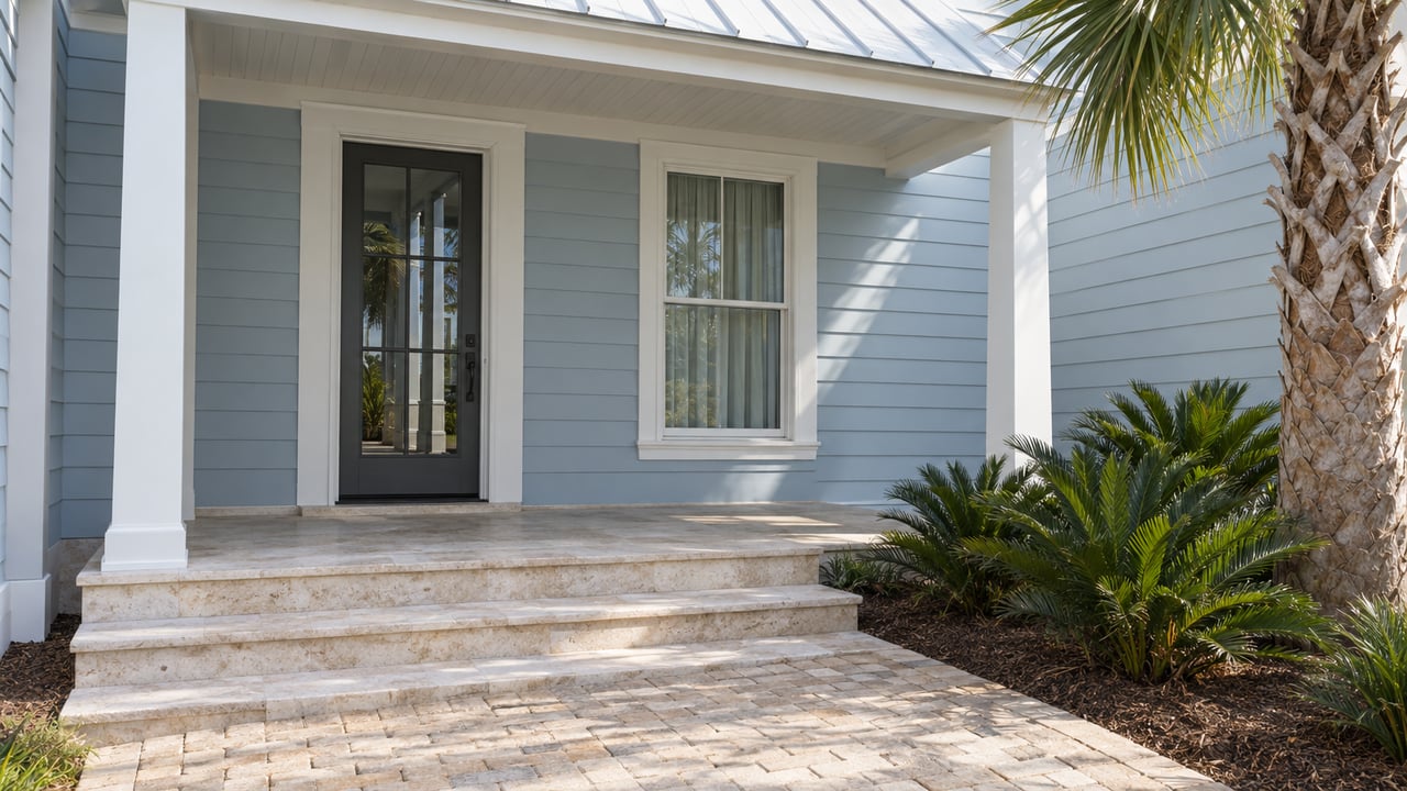 Coastal home entry with a glazed door, limestone steps, brick walkway, and palmetto beside low cycads.