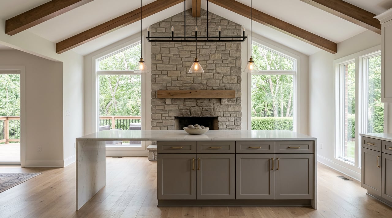 Open great room with a quartz island, stone fireplace, vaulted wood-beamed ceiling, and tall windows overlooking trees.