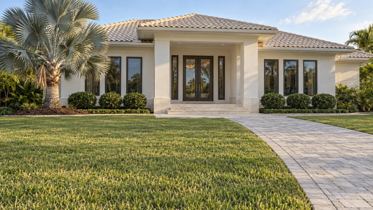 Light stucco home with a low tiled roof, bronze-framed windows, a silver fan palm and a deep front lawn beside a pale stone approach.