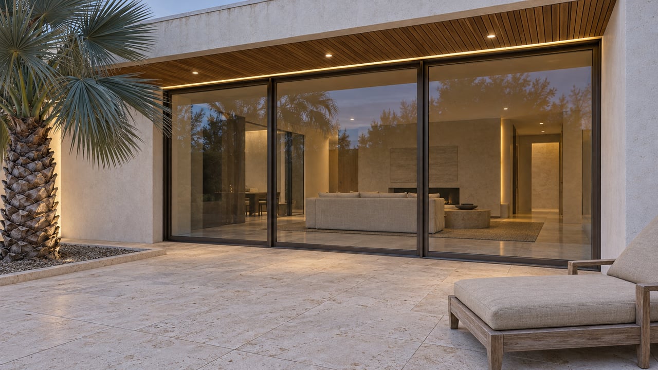 Limestone terrace at dusk beneath a teak-slatted roof, facing closed bronze-framed glass doors, with a single palm and teak lounge.