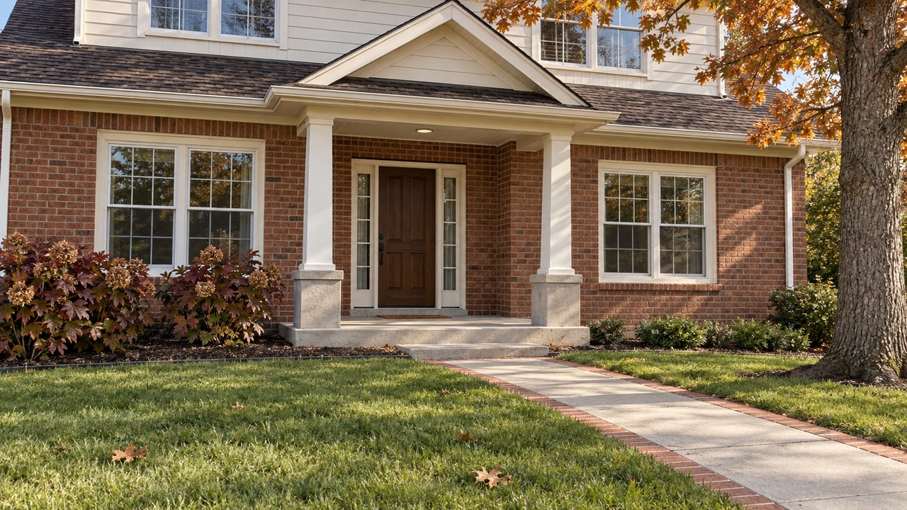 Autumn morning light on a brick home's covered entry, deep front lawn and mature white oak.