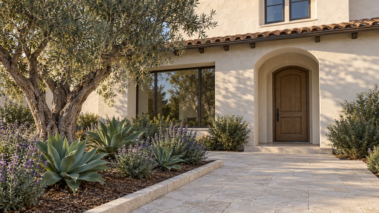 Sunlit ivory stucco residence with a clay-tile roof, recessed oak entry, limestone approach and sculptural olive planting.