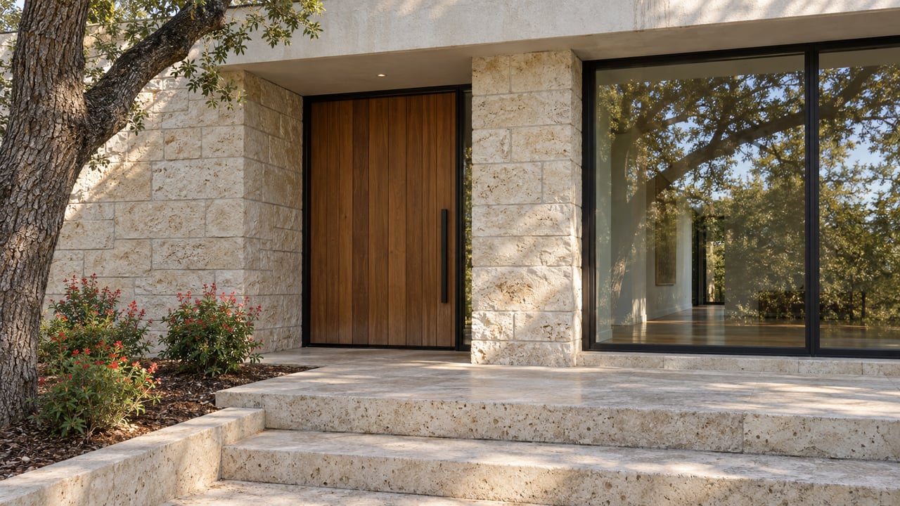 Close view of a limestone and stucco home entry with a cedar door, black-framed window, stone steps and a mature live oak.