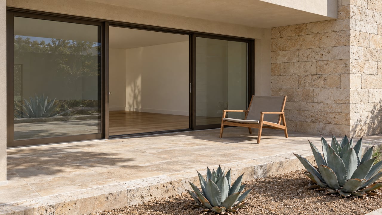 A shaded condominium terrace with bronze-framed sliding glass doors, a limestone pier, a teak lounge chair, and two blue-gray agaves behind a stone curb.