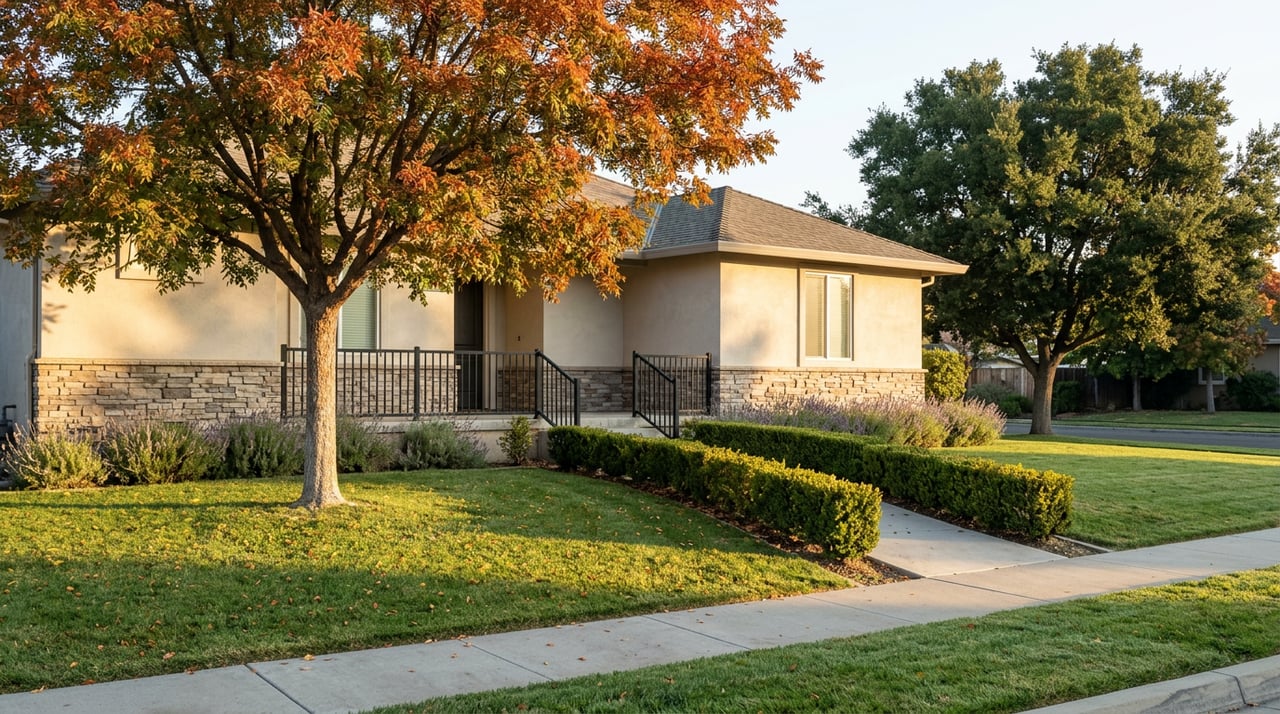 Stucco-and-stone suburban home behind a broad lawn, with an orange-red tree and clipped entry hedge.