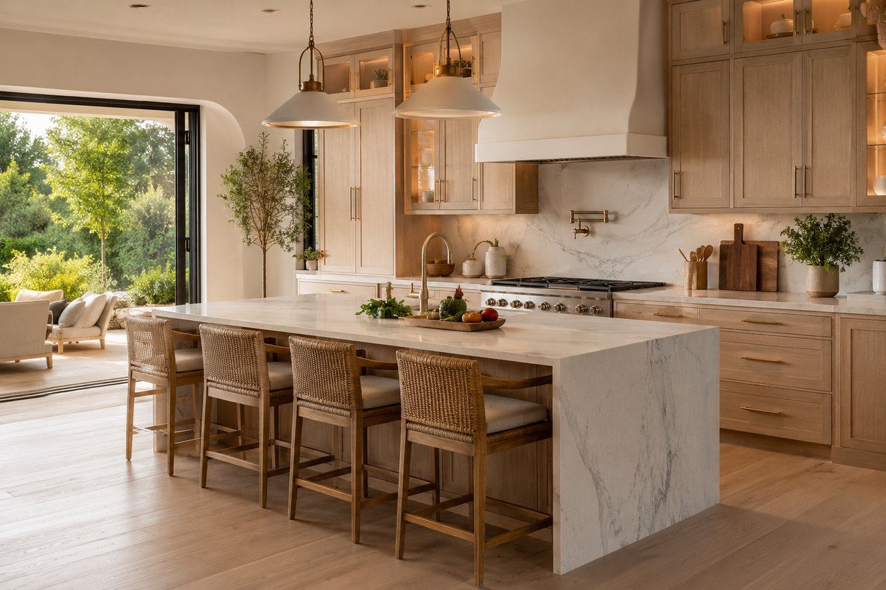 Modern luxury kitchen featuring a large marble waterfall island, custom white oak cabinetry, premium professional-grade appliances, designer lighting, and seamless indoor-outdoor living in a high-end Tennessee home, showcasing the latest luxury kitchen trends sought by buyers in Nashville and Knoxville.