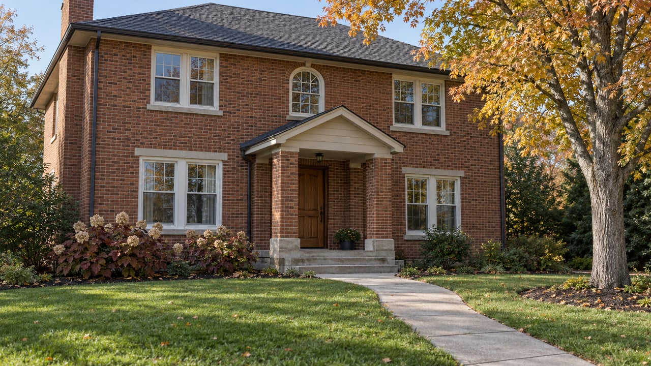 Two-story brick home with a timber entry door, deep front lawn and an amber-leaved mature tree in soft autumn morning light.