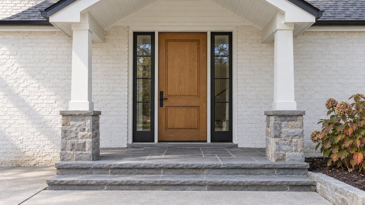 Covered entry with an oak door, paired black-framed sidelights, white-painted brick, bluestone steps and an autumn oakleaf hydrangea.