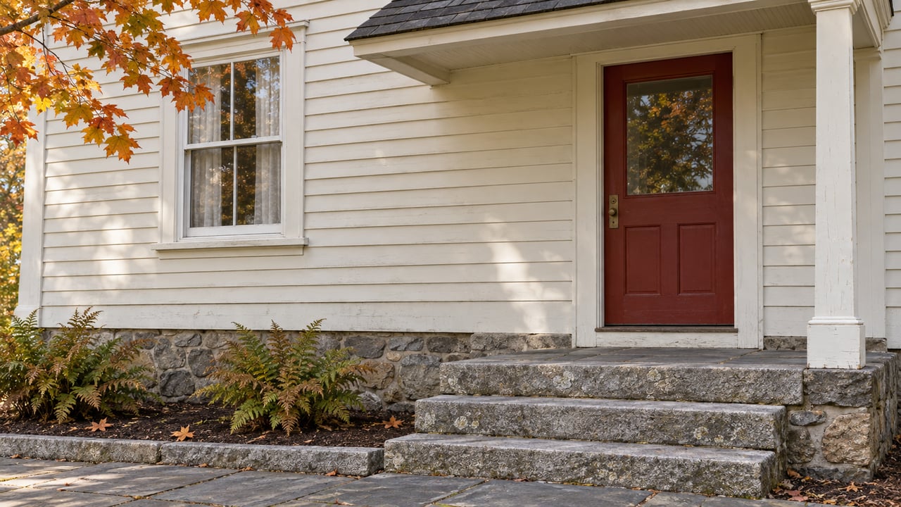 Cream clapboard house entry with a red glazed door, weathered granite steps, fieldstone foundation, and an autumn maple branch.