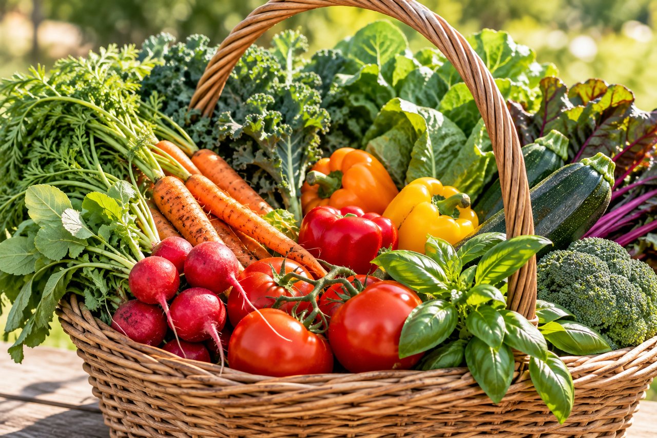 Basket of fresh vegetables with carrots, radishes, tomatoes, peppers, and leafy greens.