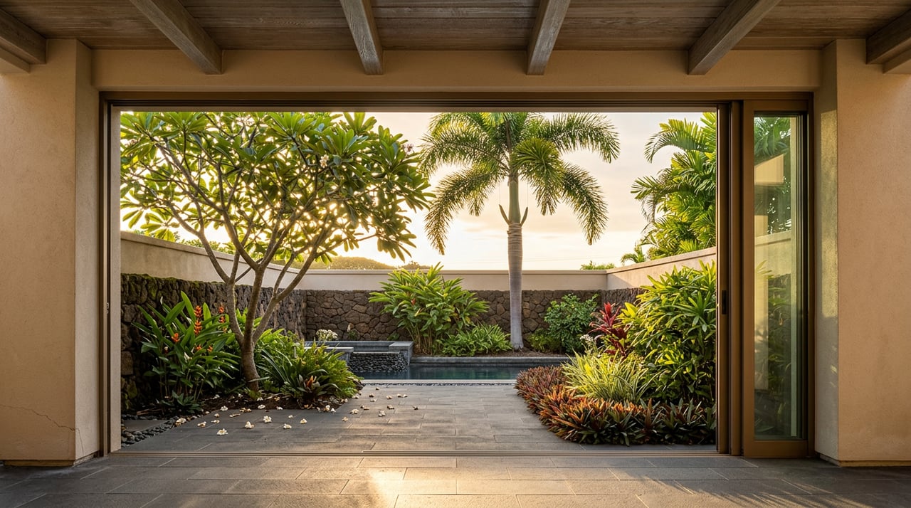 Charcoal basalt lanai opens onto a lava-rock courtyard with a pool, royal palm, and flowering plumeria.