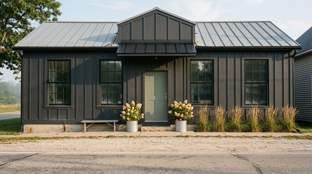 Charcoal board-and-batten storefront with sage door, black awning, oak bench, and flowering hydrangeas in galvanized planters.