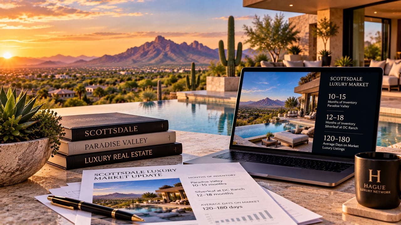 Scottsdale luxury market infographic with inventory and days-on-market figures beside a sunset pool and mountain view.