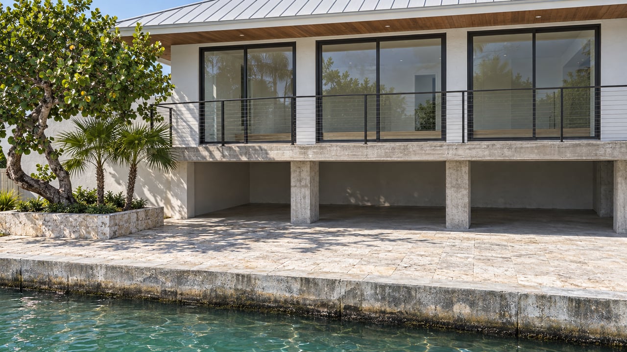 Raised waterfront residence with closed glass panels, limestone terrace, and palms beside a narrow canal.