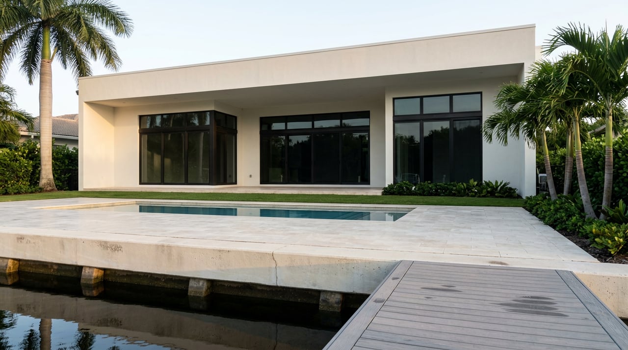 Waterfront home with a deep roof overhang and black-framed glass, beyond a pool deck and seawall.