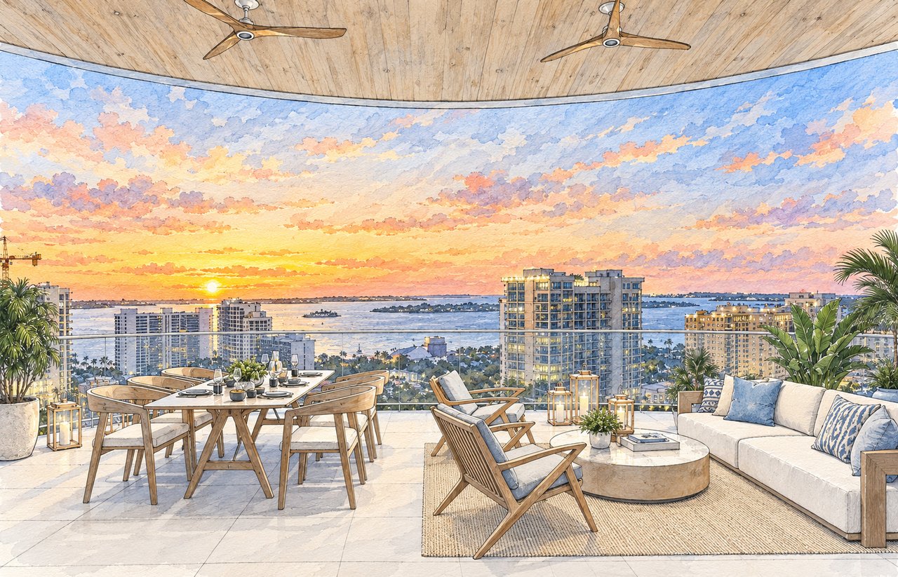 Furnished rooftop terrace with dining and lounge seating overlooking the waterfront at sunset.