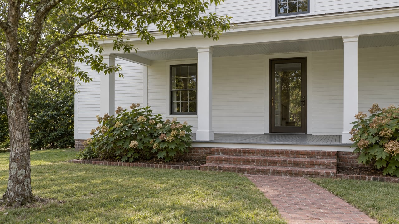 White wood-sided home with a deep veranda, dark-framed windows, brick steps and a green lawn bordered by oakleaf hydrangeas.