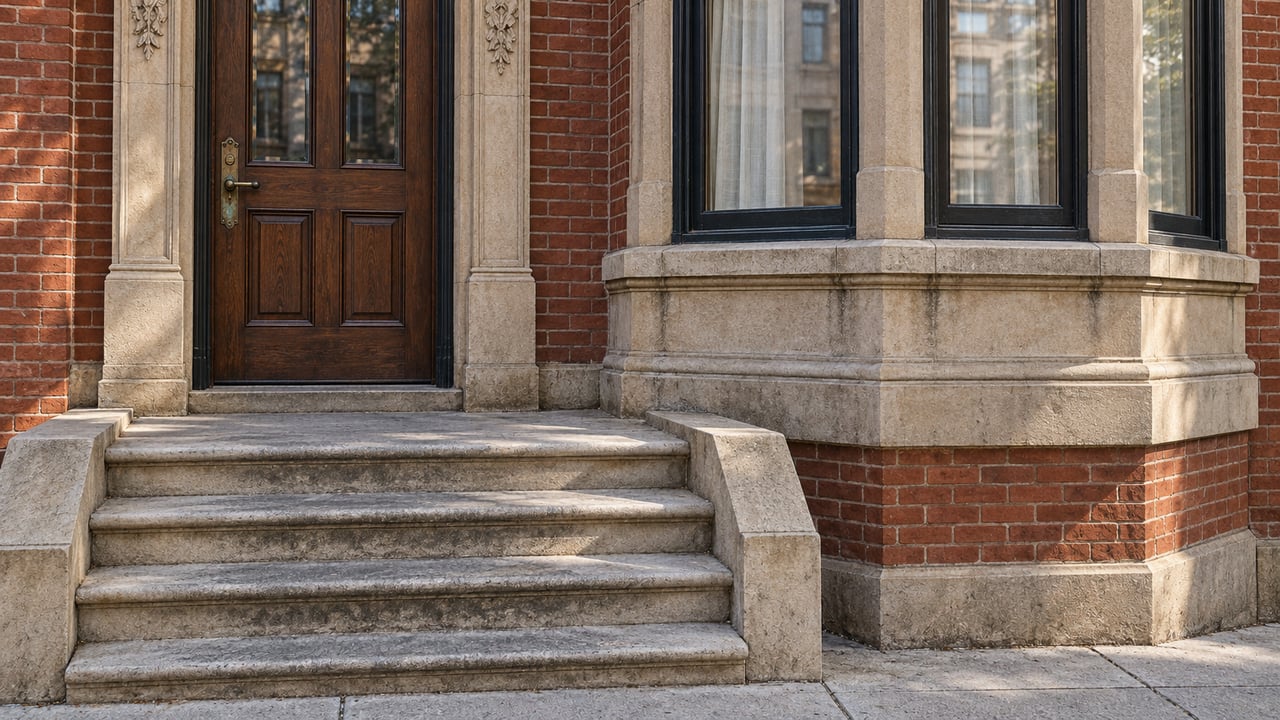 Historic red-brick residential entry with carved limestone trim, a closed walnut door, tall bay windows and worn stone steps.