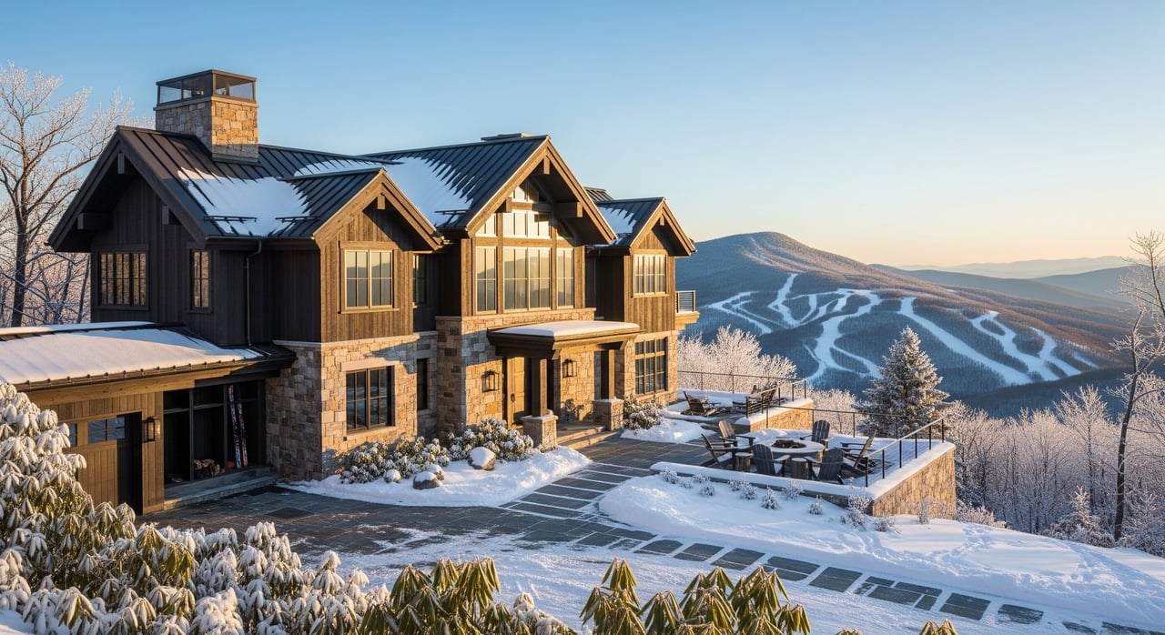 Large stone-and-wood lodge beside a snowy terrace, overlooking ski trails winding across a mountain.