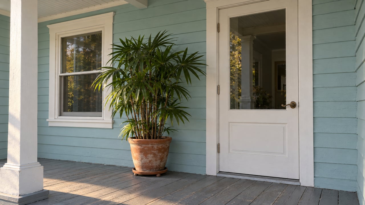 Pale turquoise cottage entrance with white timber trim, a weathered gray porch floor, and one potted lady palm in warm evening light.