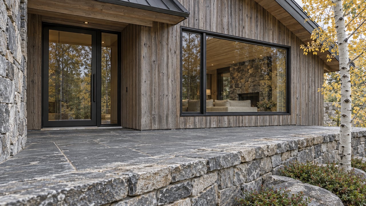 Timber-and-stone home entrance beside a gold-leaved aspen, with slate paving and dark-framed glazing.