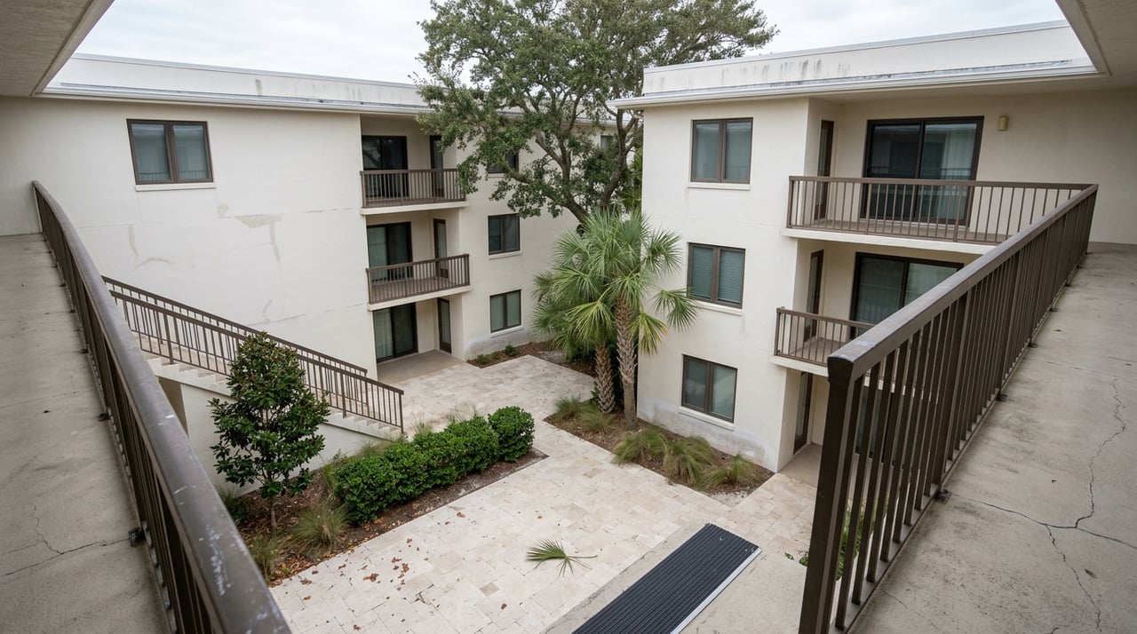 Two matching coastal condo buildings face each other across a courtyard beneath a broad oak canopy.