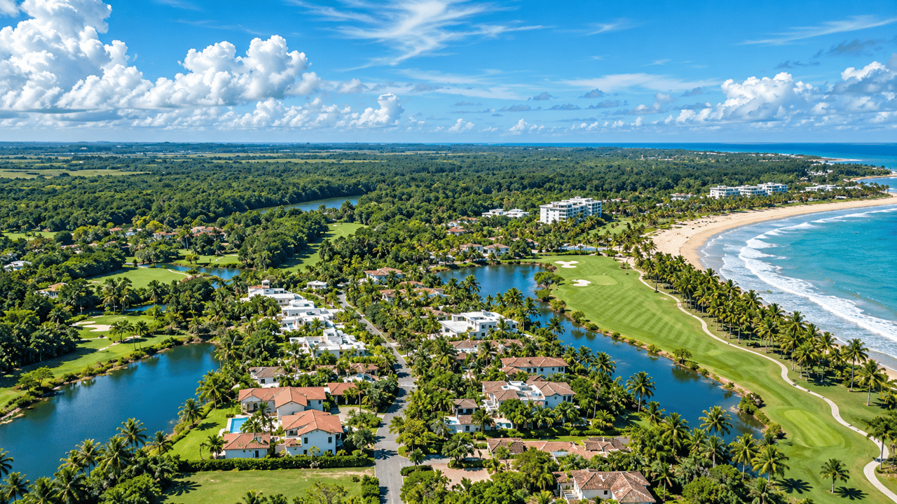 Aerial view of homes, waterways, and golf course beside a palm-lined beach.