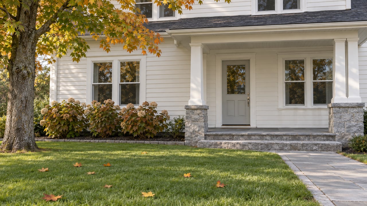 White clapboard home with a gray front door, stone porch steps, and autumn leaves.