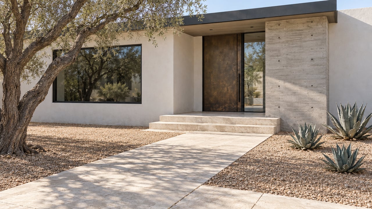 Modern desert home entry with limestone steps, a bronze door, board-formed concrete and an ironwood tree beside a broad gravel forecourt.