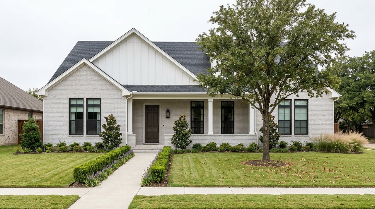 Light gray brick house with a white gable, covered porch, deep lawn, and broad oak canopy at right.