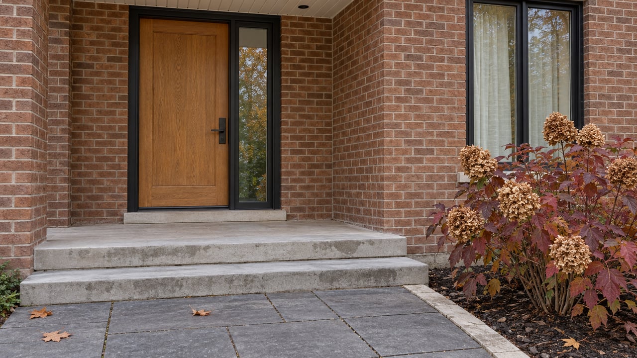 Oak entry door and black-framed glazing set in warm brick above limestone steps, beside autumn oakleaf hydrangea.