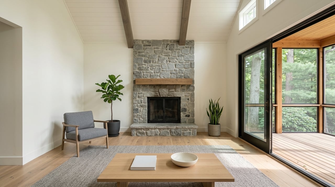 Great room with an adjoining screened porch.