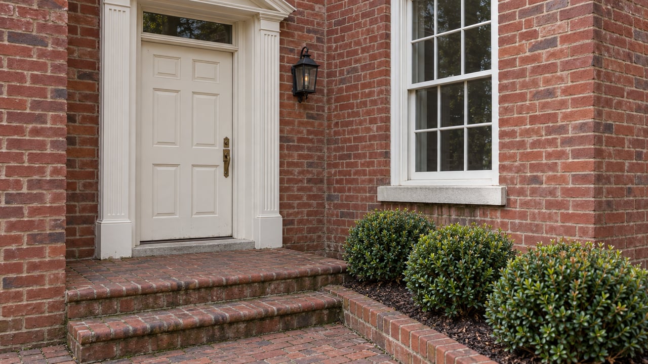 Red-brick townhouse entry with an ivory classical door surround, worn brick steps and three rounded small-leaved shrubs.
